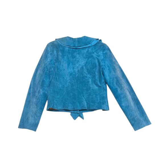 Y2K Scully Ruffle Boar Suede Jacket Tuquoise Blue Long Sleeve Medium Leather - Picture 2 of 5